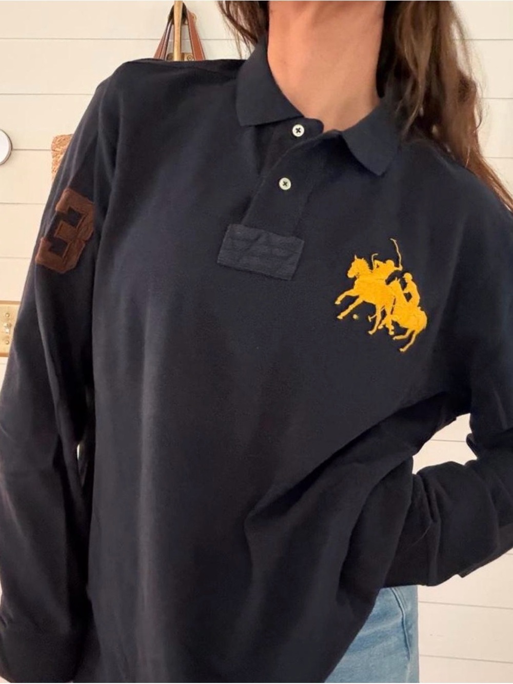 Polo Ralph Lauren Big Pony 3 Rugby Shirt Men’s XL Navy Yellow Custom Fit